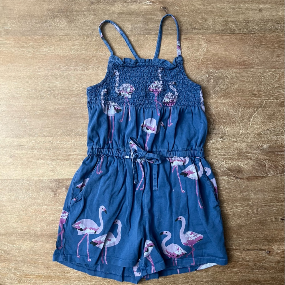 Tea Collection Blue and Pink Smocked Flamingo Romper Size 7